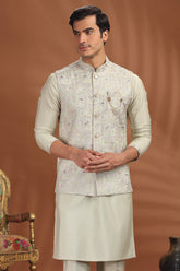 Beige Silk Sequin Embroidered Kurta Pajama with Jacket